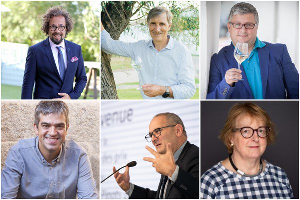 A la part superior de la imatge, d’esquerra a dreta: Fernando Mora MW, Javier Pagés, president de la D.O. Cava; i el periodista i sommelier, Ramon Francàs. A sota, el sommelier Ferran Centelles, Pedro Ballesteros MW i Sarah Jane Evans MW.