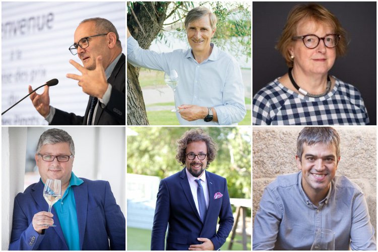 Top row, L to R: Fernando Mora MW; Javier Pagés, president of the D.O. Cava; the journalist and sommelier, Ramon Francàs. Bottom row: sommelier Ferran Centelles, Pedro Ballesteros MW and Sarah Jane Evans MW.